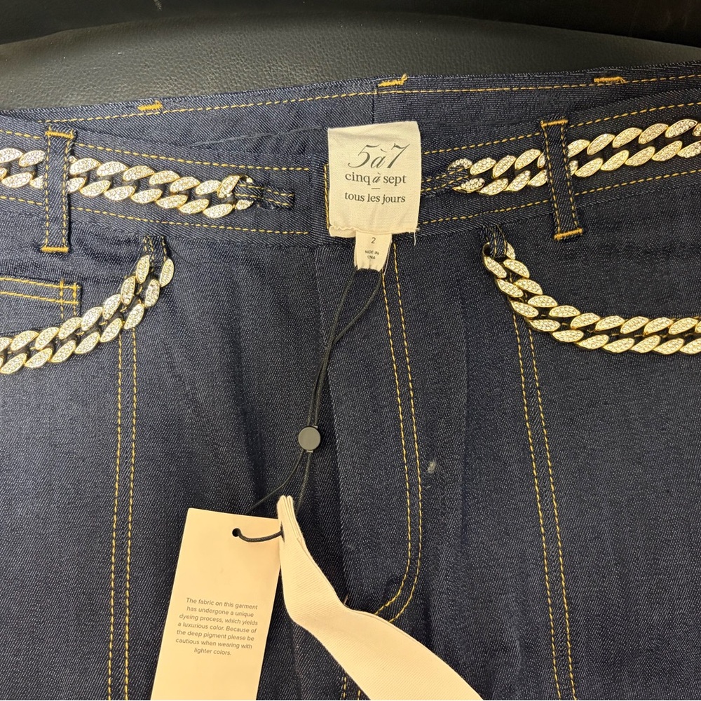 cinq à sept Dark Indigo Jeans with Gold Chain Trim